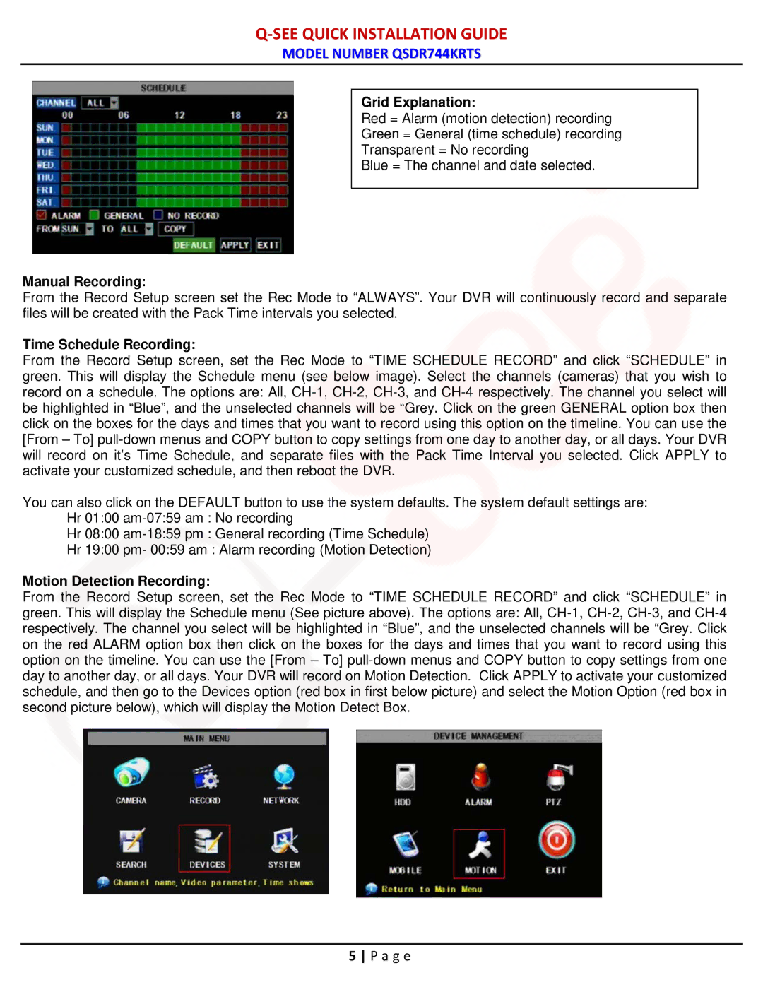 Q-See QSDR744KRTS manual Grid Explanation, Manual Recording, Time Schedule Recording, Motion Detection Recording 