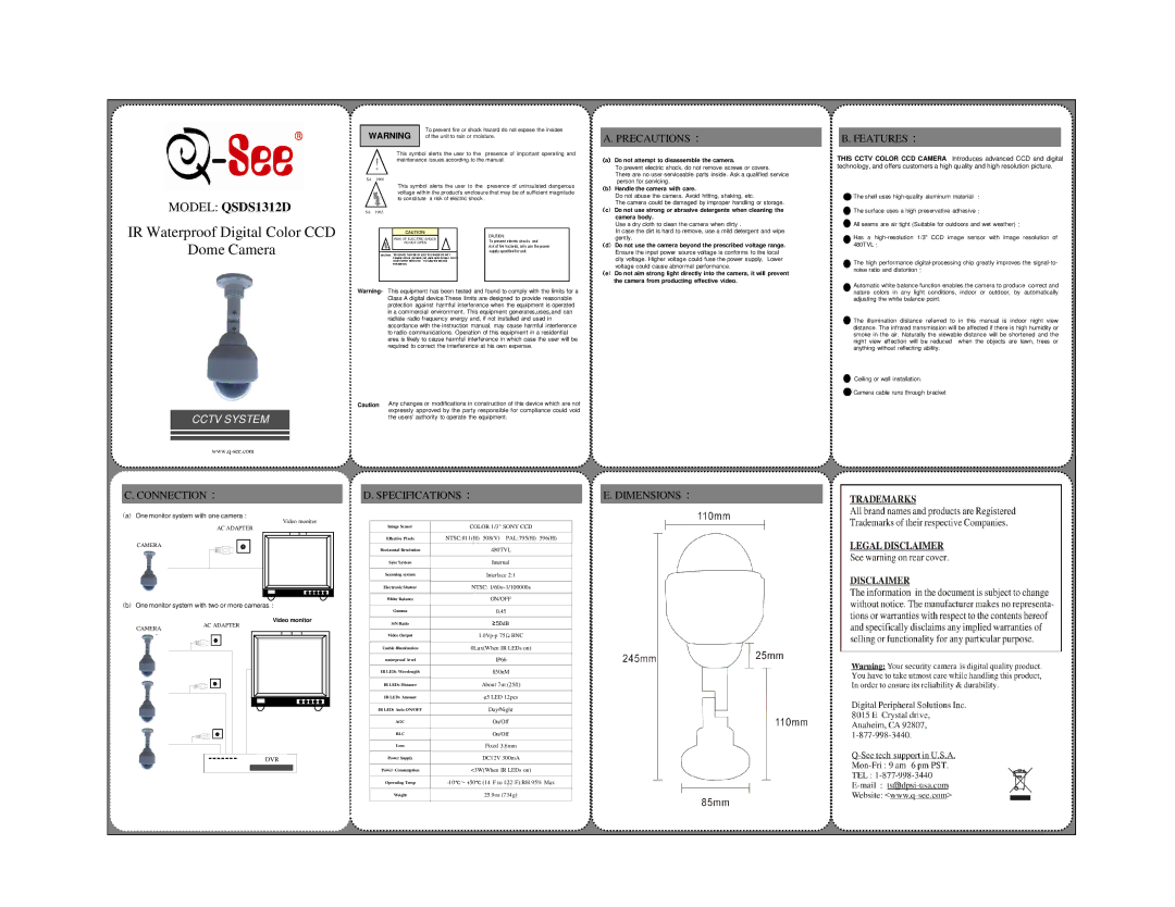 Q-See QSDS1312D specifications One monitor system with one camera, One monitor system with two or more cameras, 480TVL 