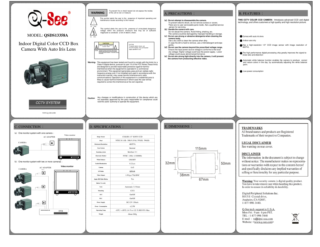 Q-See dimensions MODEL QSDS13358A, Cctv System, A. Precautions, B. Features, C. Connection, D. Specifications 