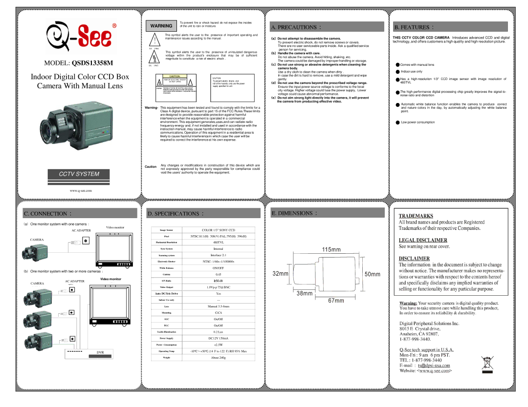 Q-See QSDS13358M dimensions Indoor Digital Color CCD Box Camera With Manual Lens, （ ）, Cctv System 