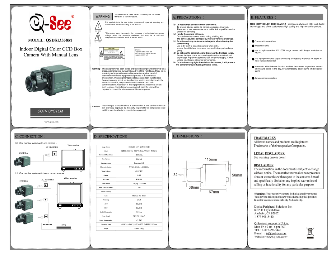 Q-See dimensions Indoor Digital Color CCD Box Camera With Manual Lens, MODEL QSDS13358M, Cctv System, A. Precautions 