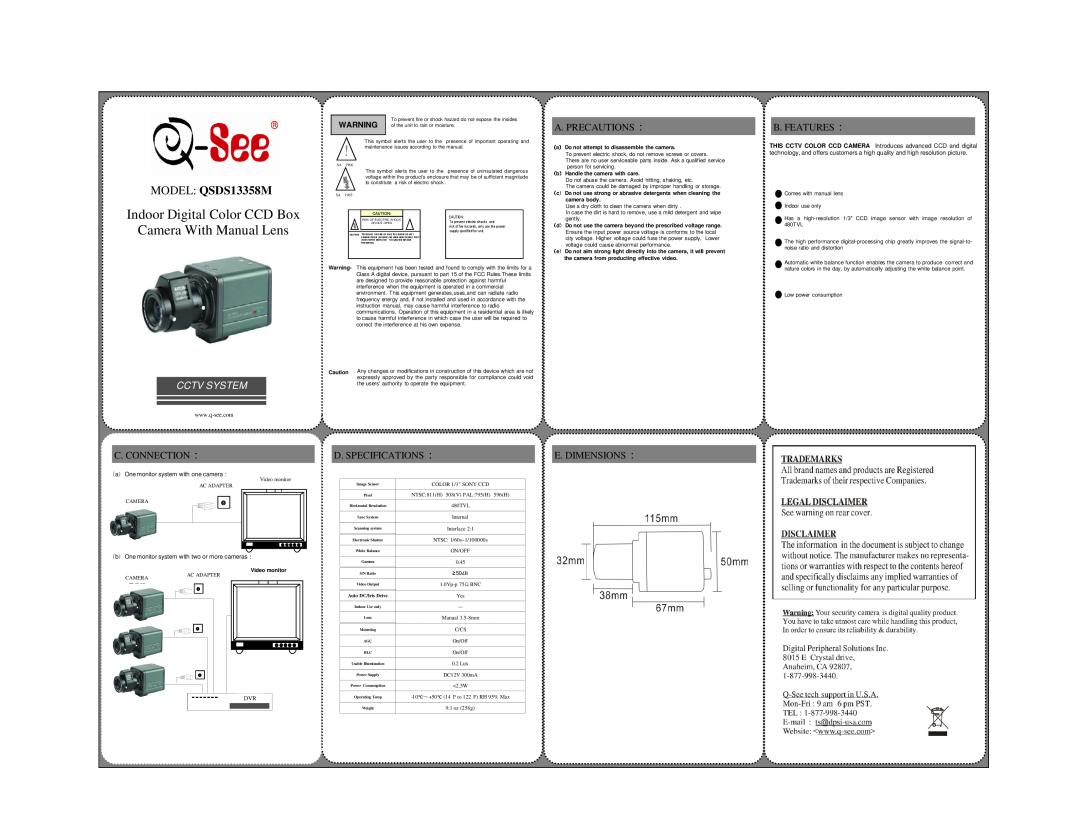 Q-See dimensions Indoor Digital Color CCD Box Camera With Manual Lens, MODEL QSDS13358M, Cctv System, A. Precautions 