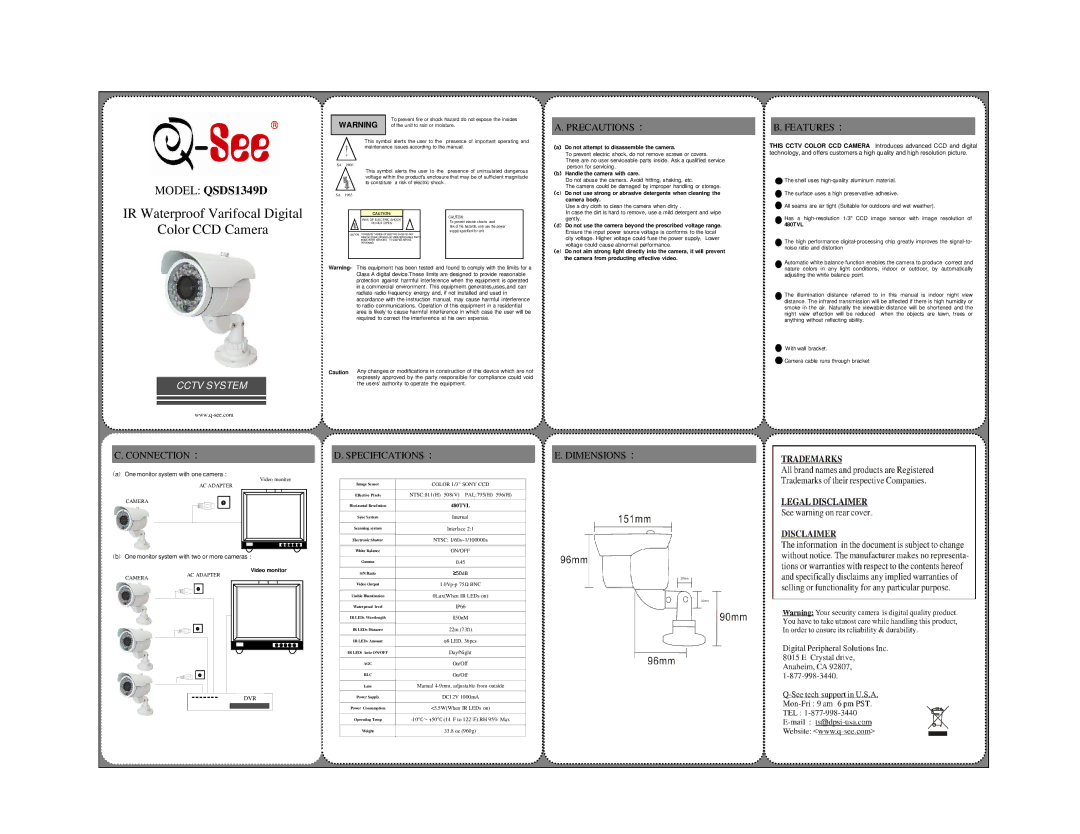 Q-See QSDS1349D specifications Precautions, Connection Specifications, Dimensions, One monitor system with one camera 