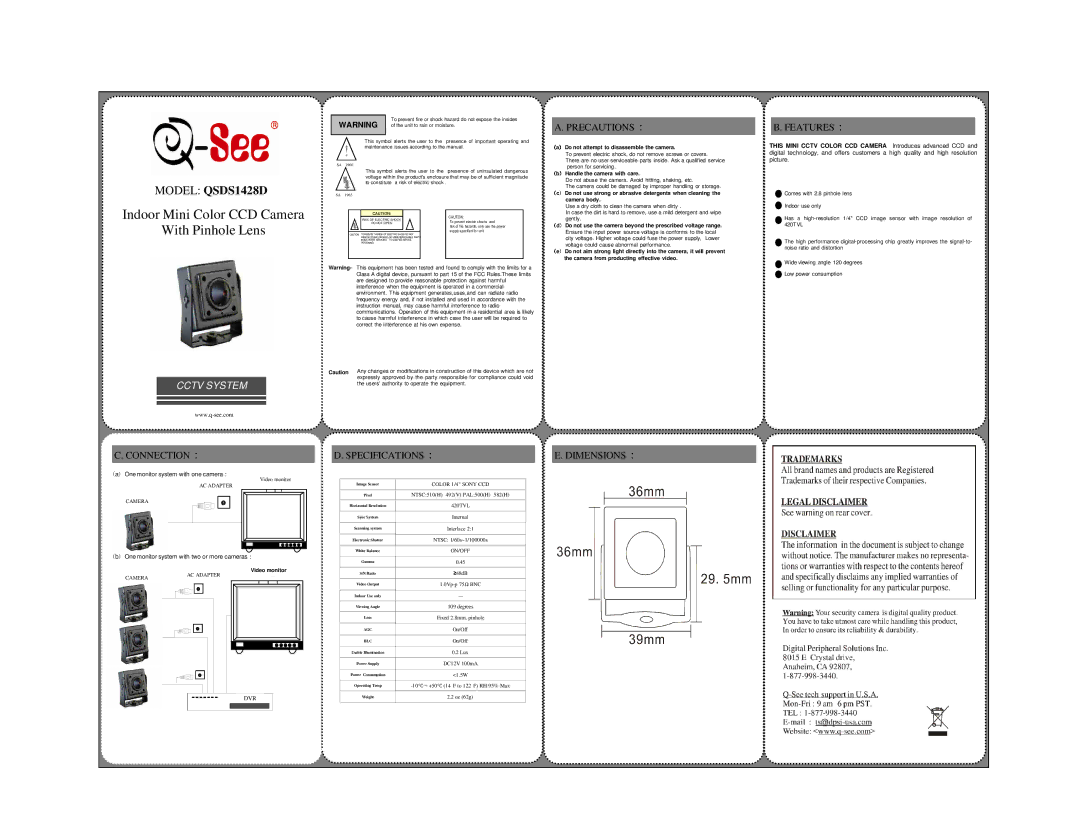 Q-See QSDS1428D specifications Precautions, Features, Connection Specifications, Dimensions 