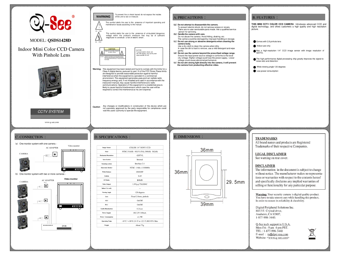 Q-See QSDS1428D dimensions Indoor Mini Color CCD Camera With Pinhole Lens, （ ）, Cctv System 