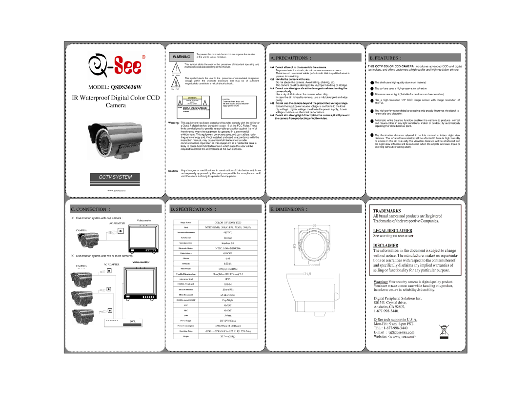 Q-See QSDS3636W dimensions Precautions, Features, Connection Specifications Dimensions, Handle the camera with care 