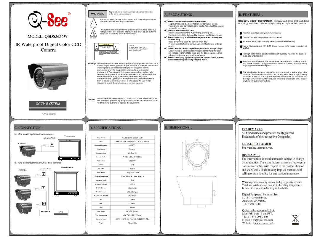 Q-See QSDS3636W dimensions Precautions, Features, Connection Specifications Dimensions 