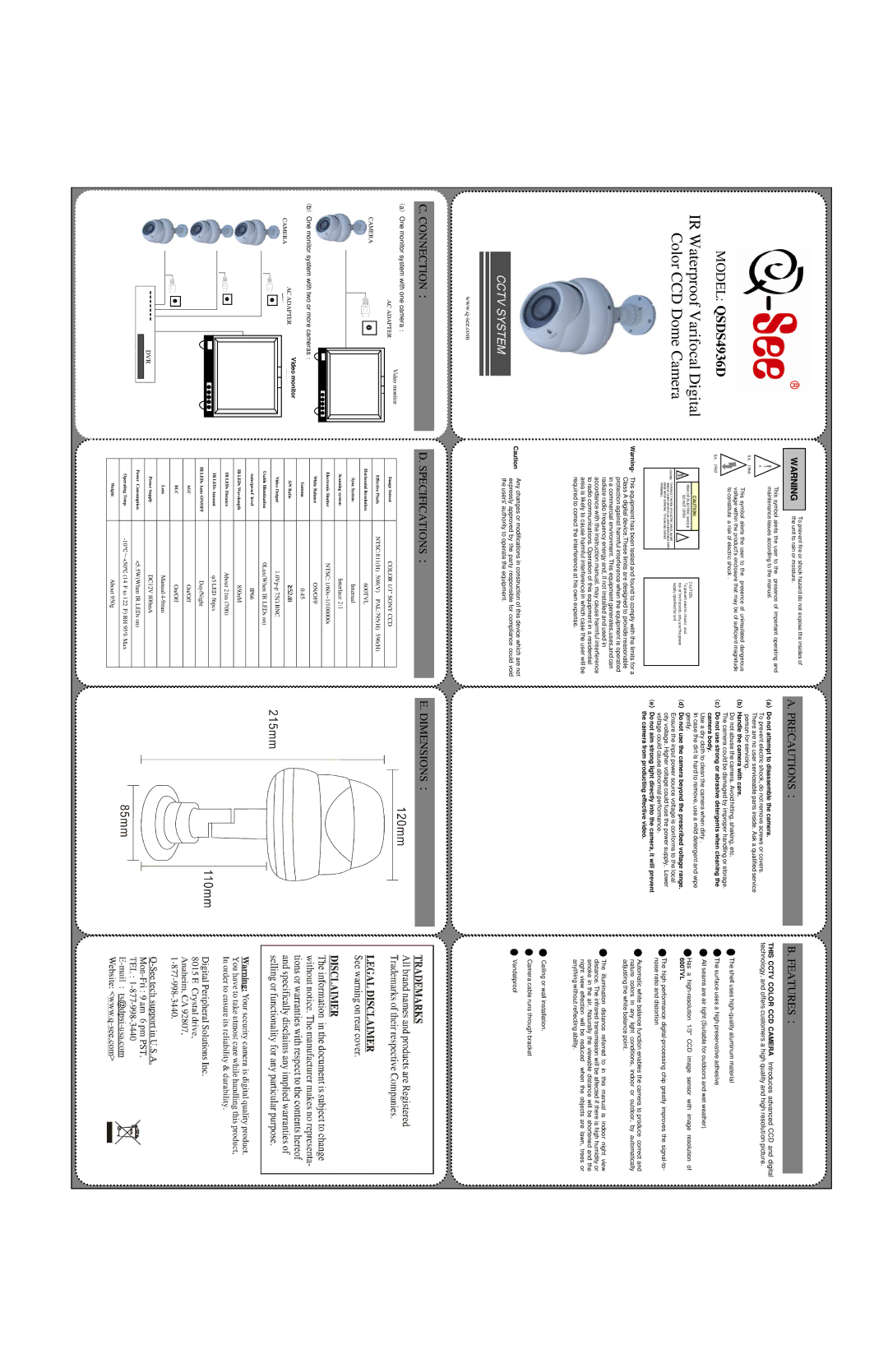 Q-See QSDS4936D dimensions Connection：, Specifications： Precautions：, Dimensions： Features： 