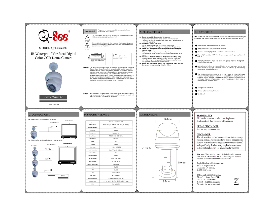 Q-See QSDS4936D specifications Precautions, Connection Specifications, Dimensions, One monitor system with one camera 