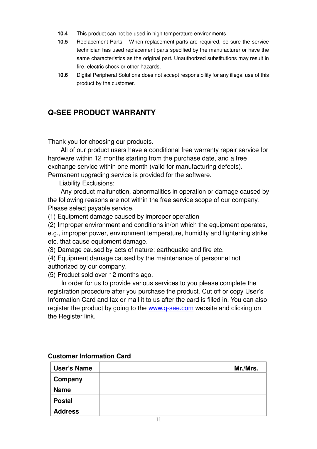 Q-See QSDT304C2 user manual See Product Warranty 