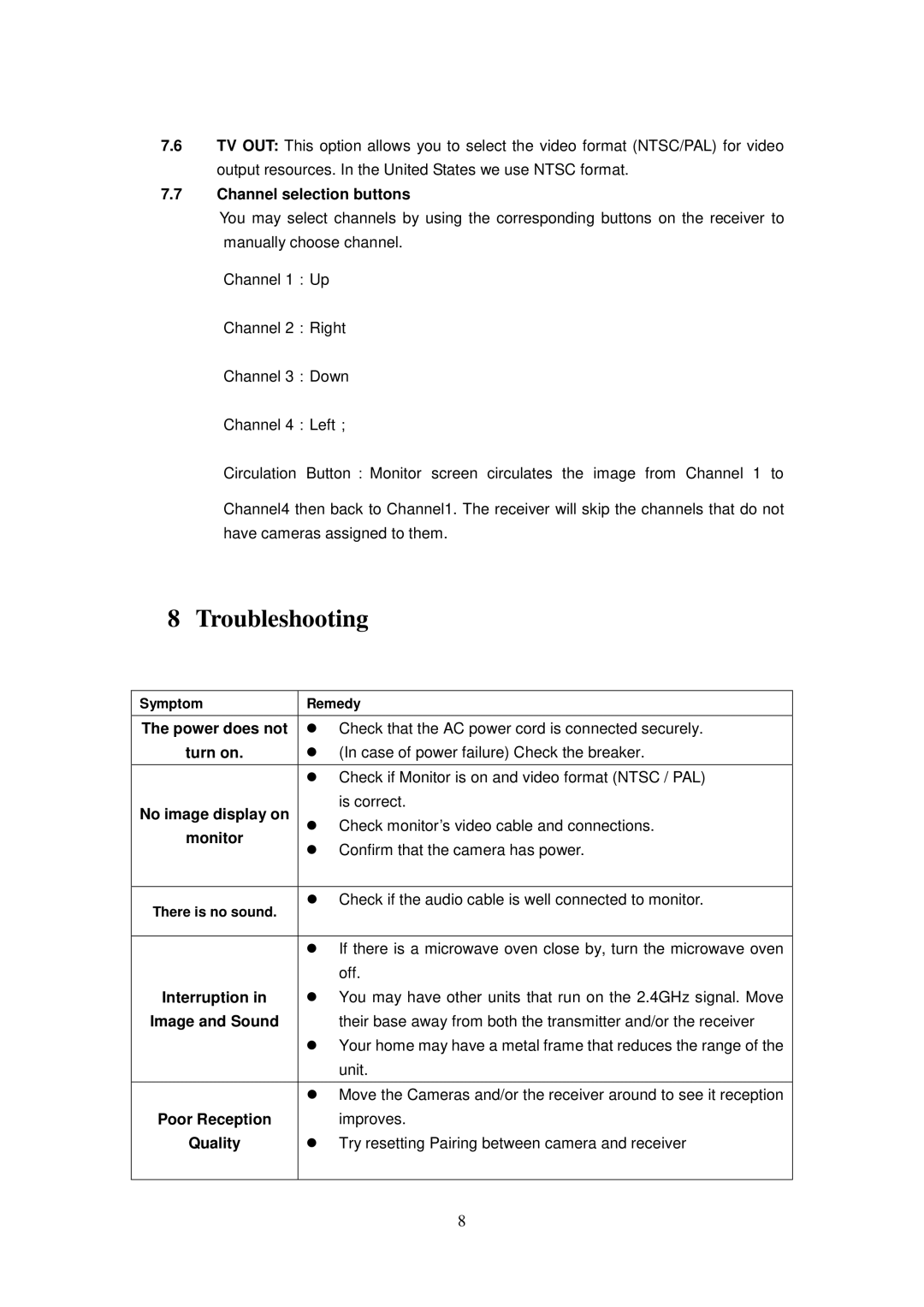 Q-See QSDT304C2 user manual Troubleshooting, Channel selection buttons 