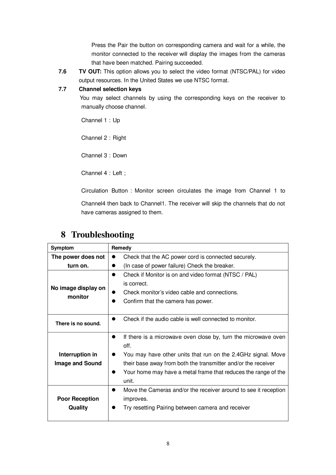 Q-See QSDT404C user manual Troubleshooting, Channel selection keys 