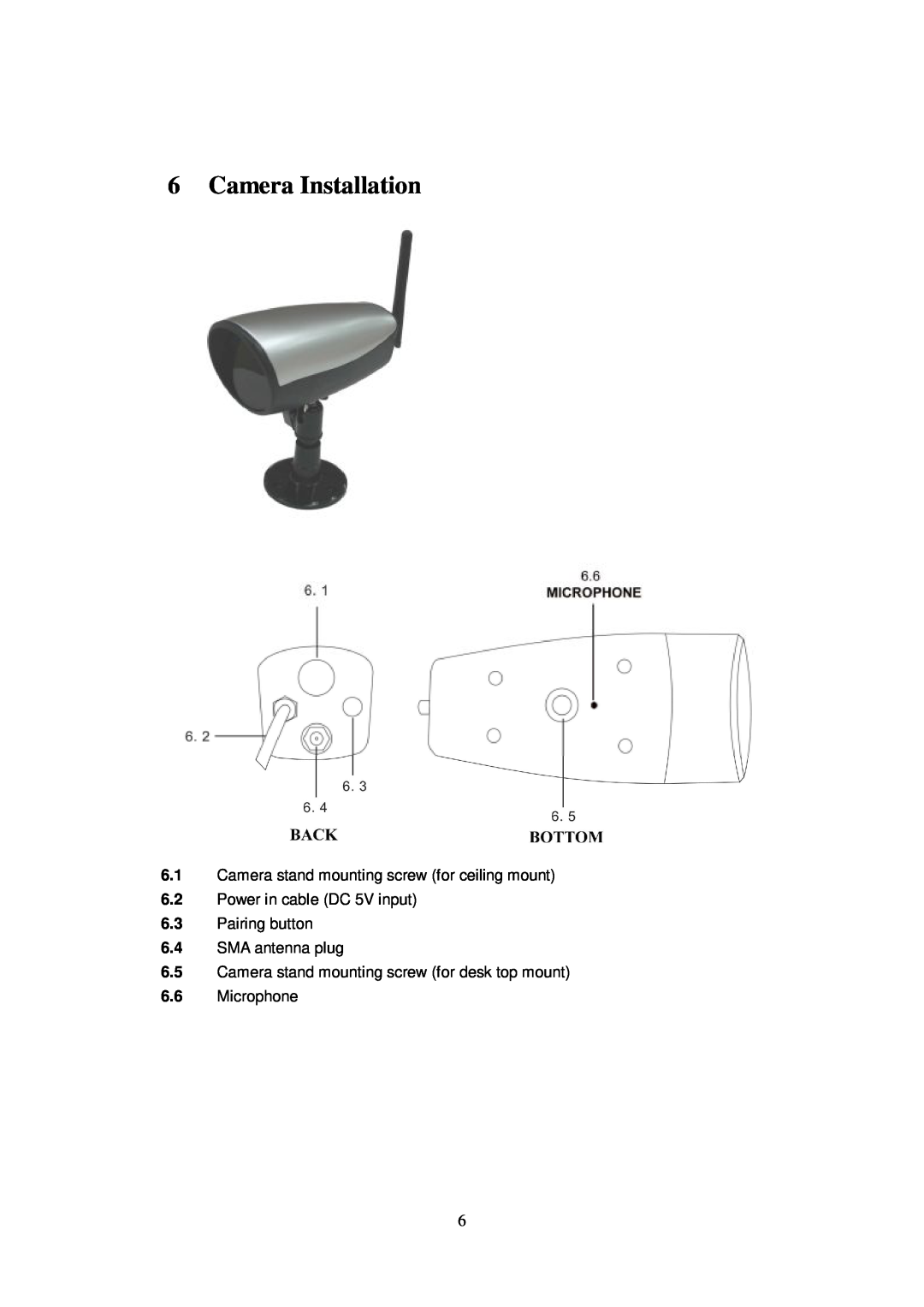 Q-See QSDT404C Camera Installation, 6.1Camera stand mounting screw for ceiling mount, 6.4SMA antenna plug, 6.6Microphone 