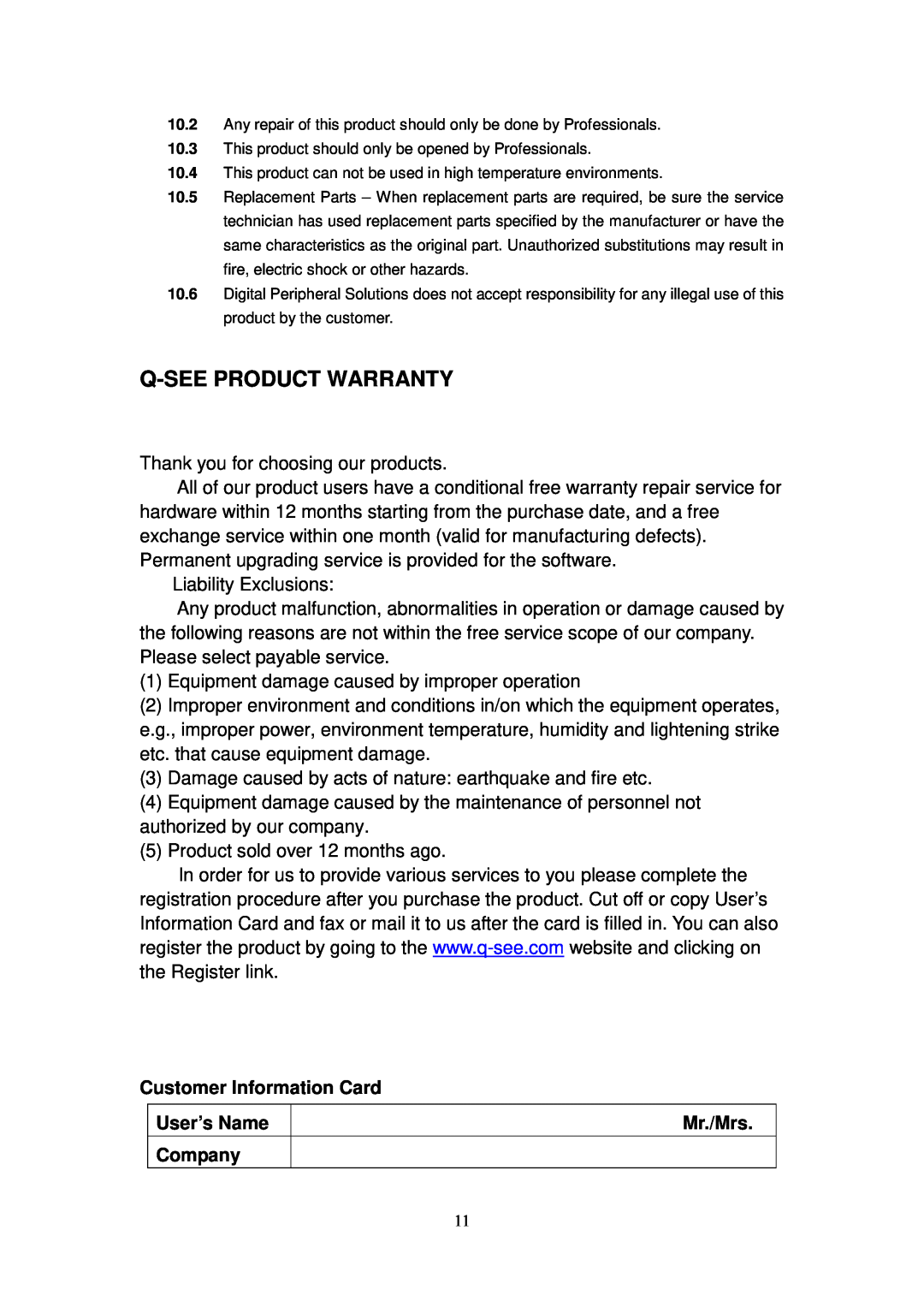 Q-See QSDT404C user manual Q-Seeproduct Warranty, Customer Information Card, User’s Name, Mr./Mrs, Company 