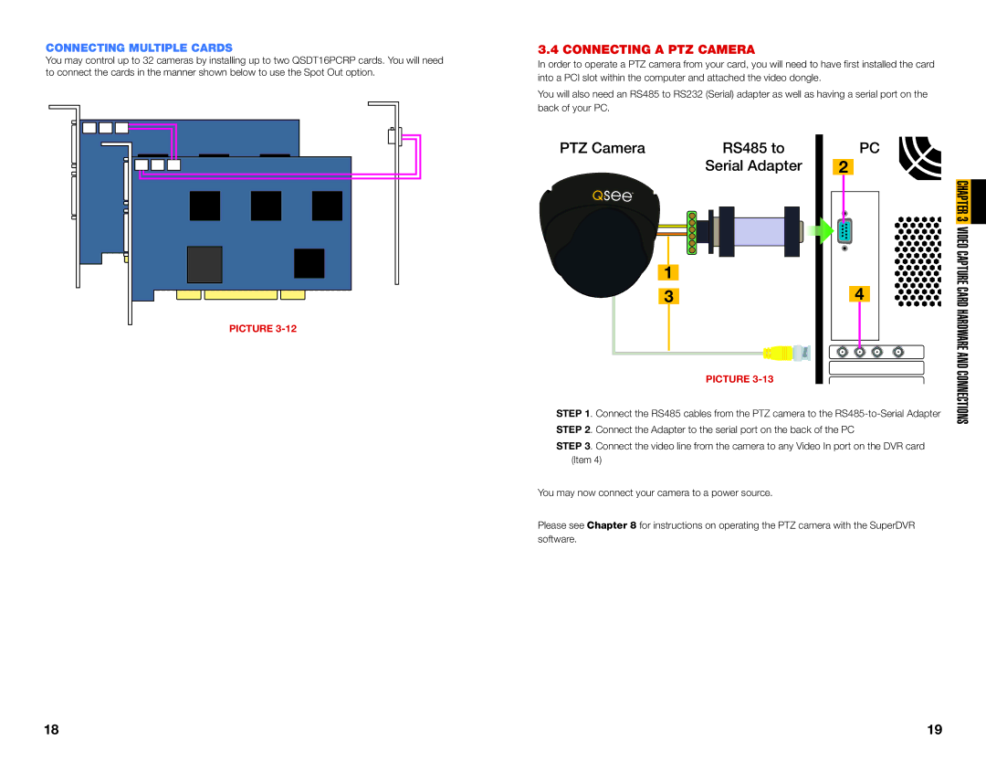 Q-See QSDT8PCDP, QSDT8PCRC, QSDT16PCRC user manual PTZ Camera RS485 to Serial Adapter, Connecting a PTZ Camera 