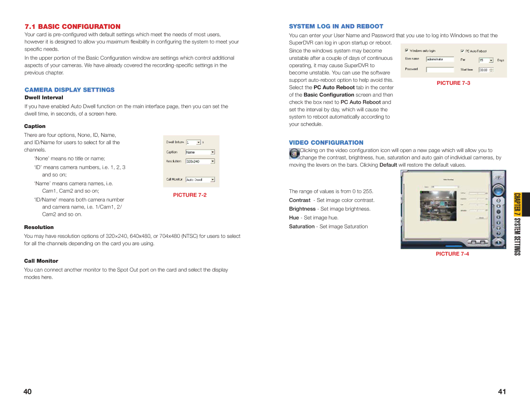 Q-See QSDT8PCRC, QSDT8PCDP Basic Configuration, Camera Display Settings, System LOG in and Reboot, Video Configuration 