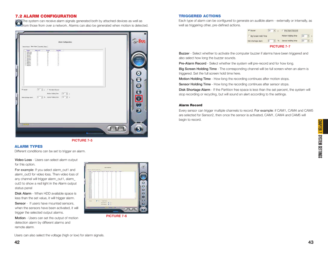 Q-See QSDT8PCDP, QSDT8PCRC, QSDT16PCRC user manual Alarm Configuration, Alarm Types, Triggered Actions, Alarm Record 