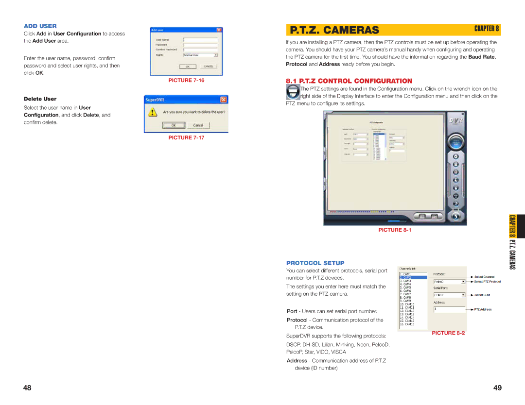 Q-See QSDT8PCDP, QSDT8PCRC, QSDT16PCRC Z. Cameras, P.T.Z Control Configuration, ADD User, Protocol Setup, Delete User 