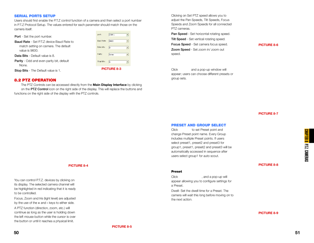 Q-See QSDT16PCRC, QSDT8PCRC, QSDT8PCDP user manual PTZ Operation, Serial Ports Setup, Preset and Group Select 