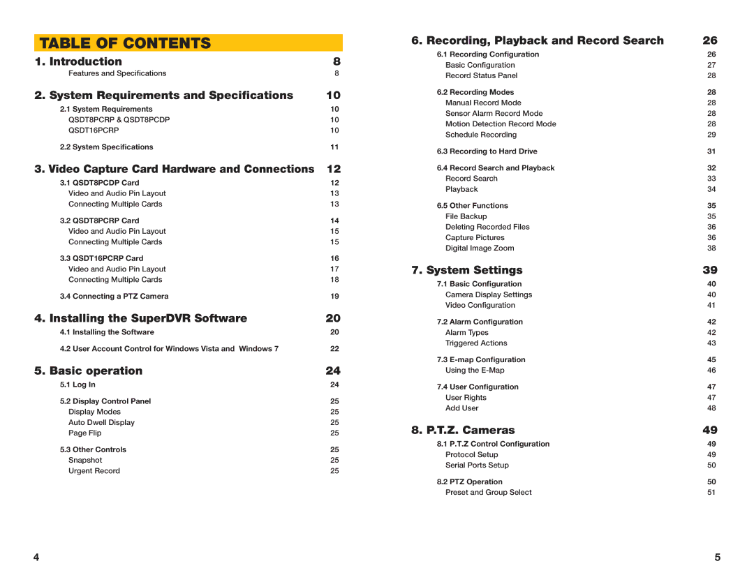 Q-See QSDT8PCRC, QSDT8PCDP, QSDT16PCRC user manual Table of Contents 