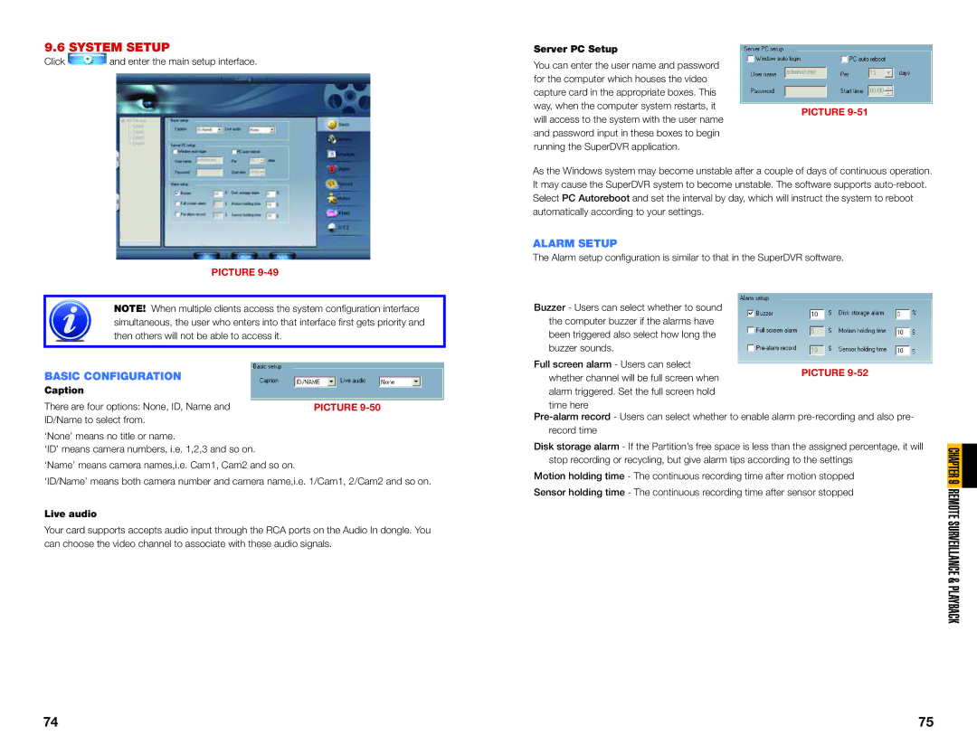 Q-See QSDT16PCRC, QSDT8PCRC, QSDT8PCDP user manual System Setup, Alarm Setup, Live audio, Server PC Setup 