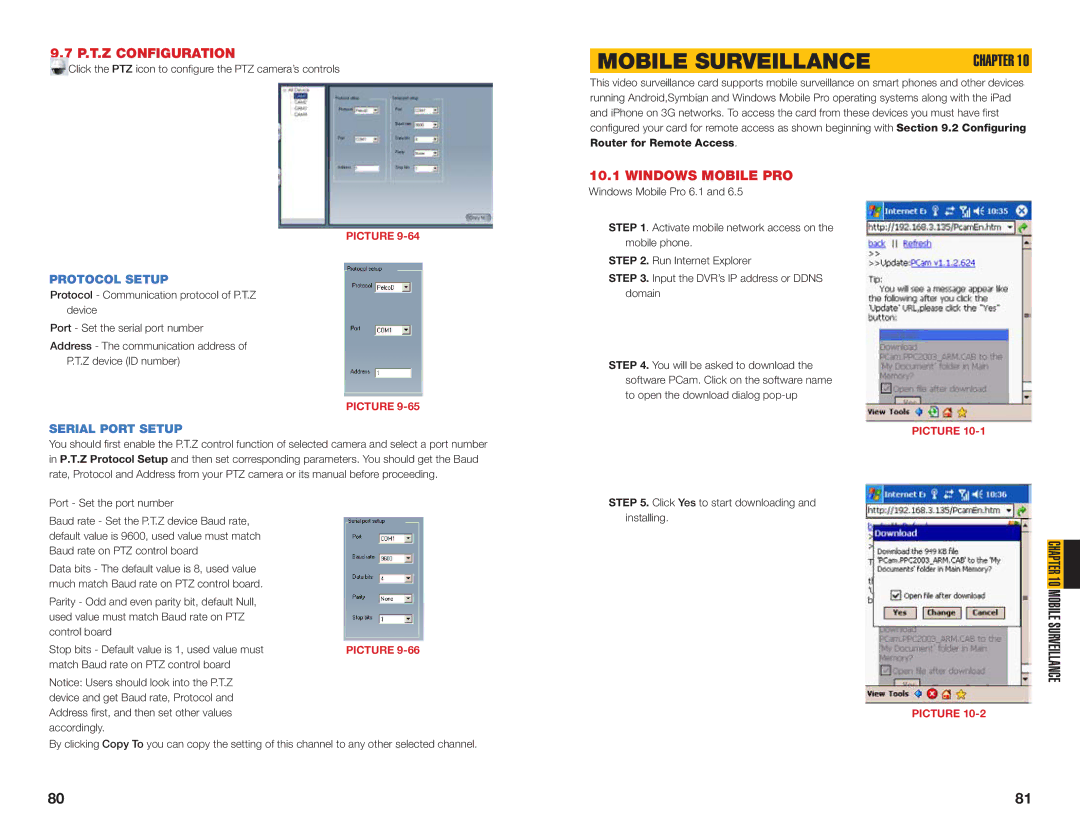 Q-See QSDT16PCRC, QSDT8PCRC, QSDT8PCDP Mobile Surveillance, P.T.Z Configuration, Windows Mobile PRO, Serial Port Setup 