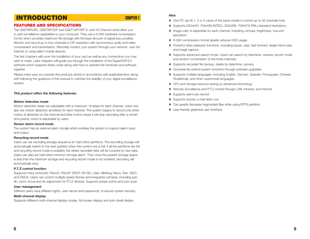 Q-See QSDT16PCRC, QSDT8PCRC, QSDT8PCDP user manual Introduction, Features and Specifications 