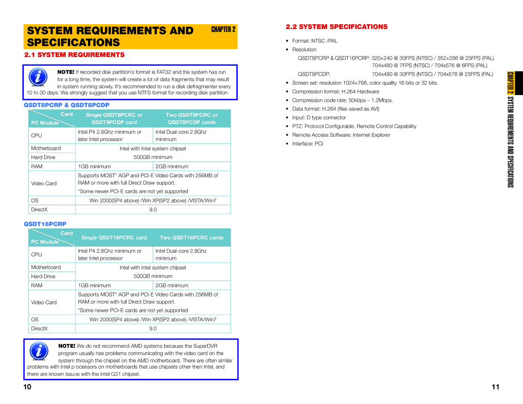 Q-See QSDT8PCRC System Requirements and Chapter Specifications, System Specifications, QSDT8PCRP & QSDT8PCDP, QSDT16PCRP 