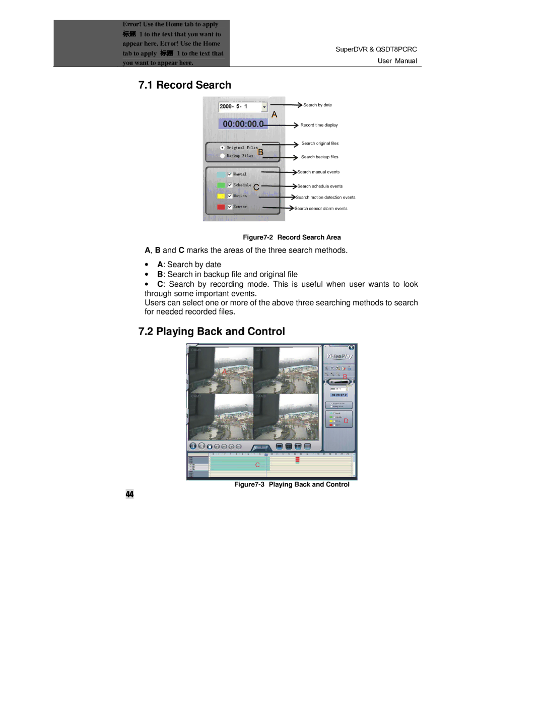 Q-See QSDT8PCRC manual Record Search, Playing Back and Control 