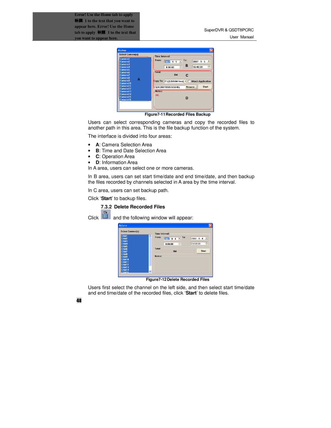 Q-See QSDT8PCRC manual Delete Recorded Files, Click and the following window will appear 