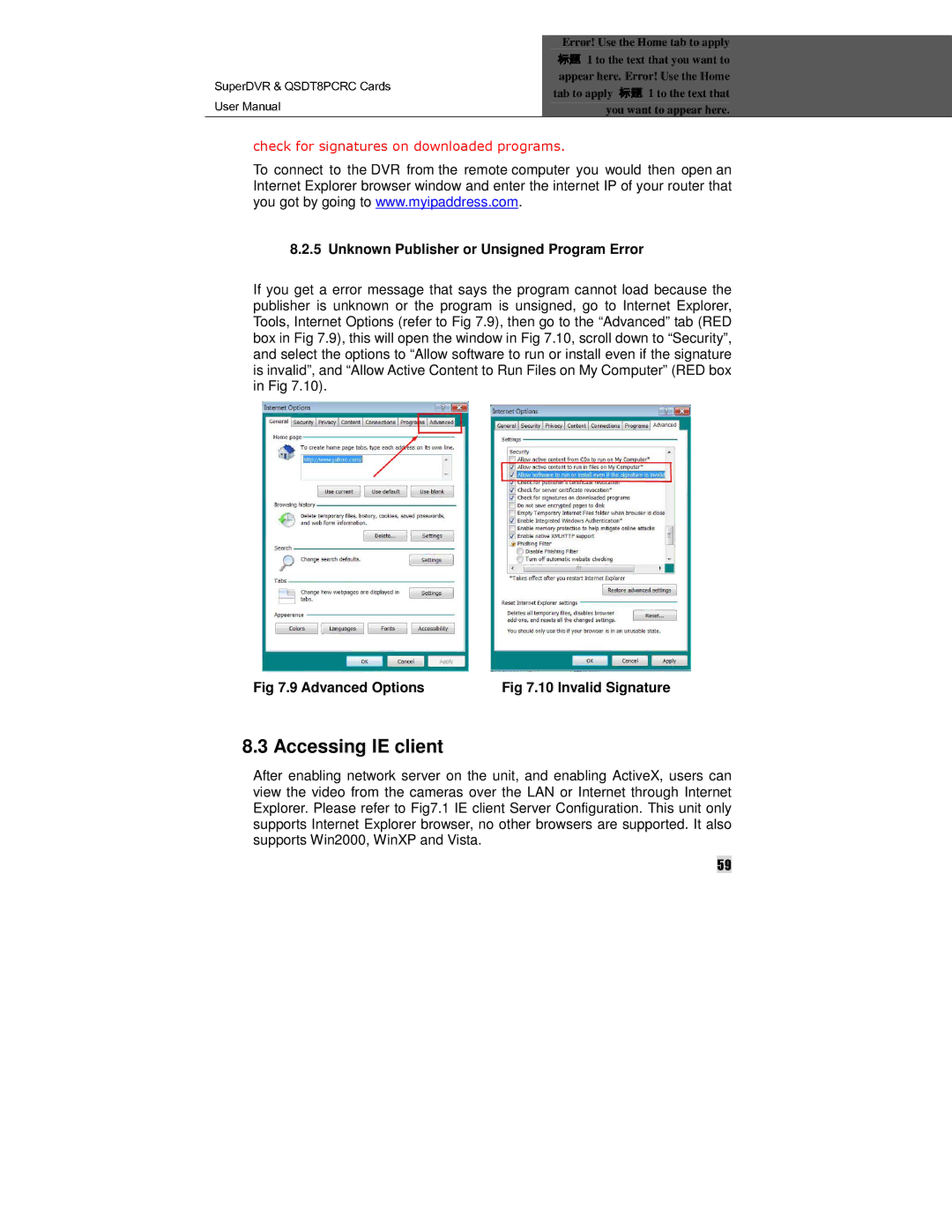 Q-See QSDT8PCRC Accessing IE client, Unknown Publisher or Unsigned Program Error, Advanced Options 10 Invalid Signature 