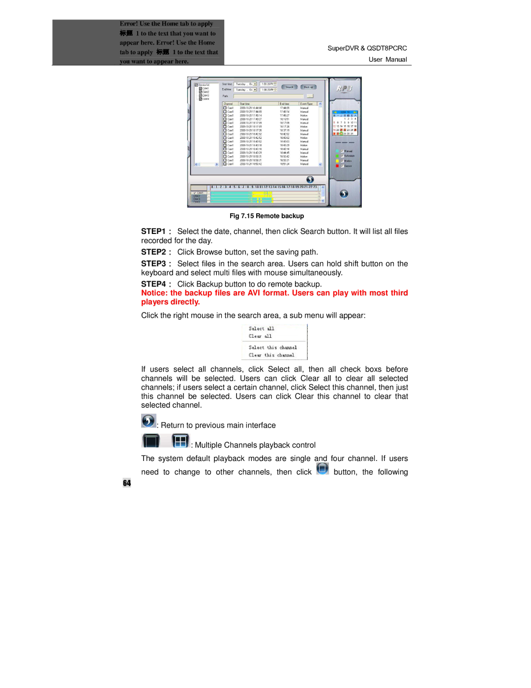 Q-See QSDT8PCRC manual Remote backup 