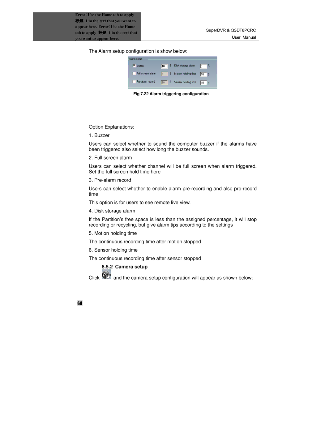 Q-See QSDT8PCRC manual Alarm setup configuration is show below, Camera setup 