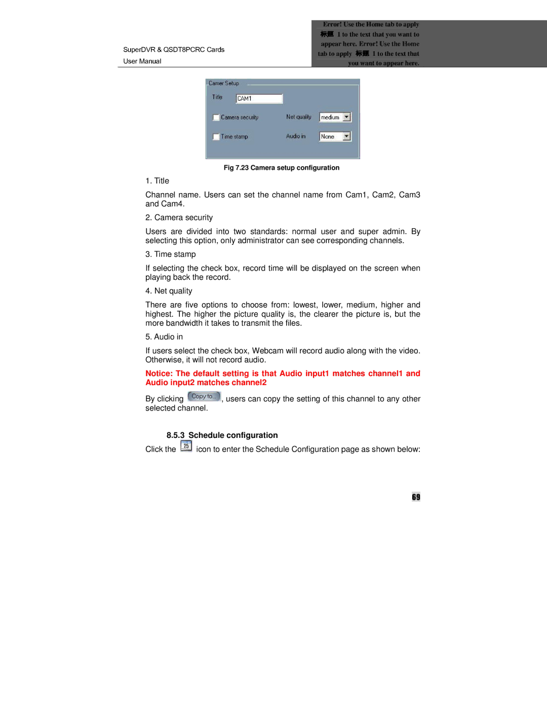 Q-See QSDT8PCRC manual Audio input2 matches channel2, Schedule configuration 