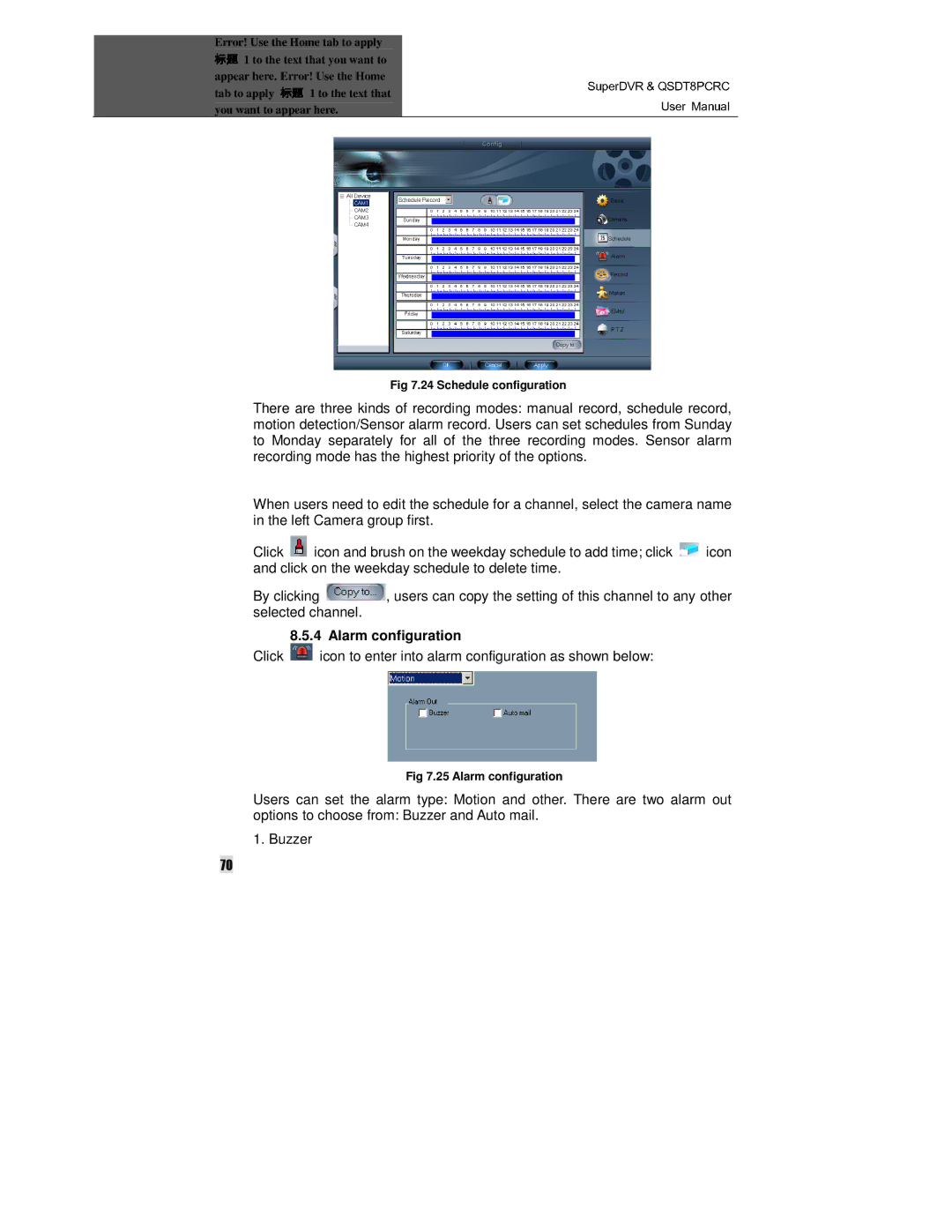 Q-See QSDT8PCRC manual Alarm configuration, Click icon to enter into alarm configuration as shown below 