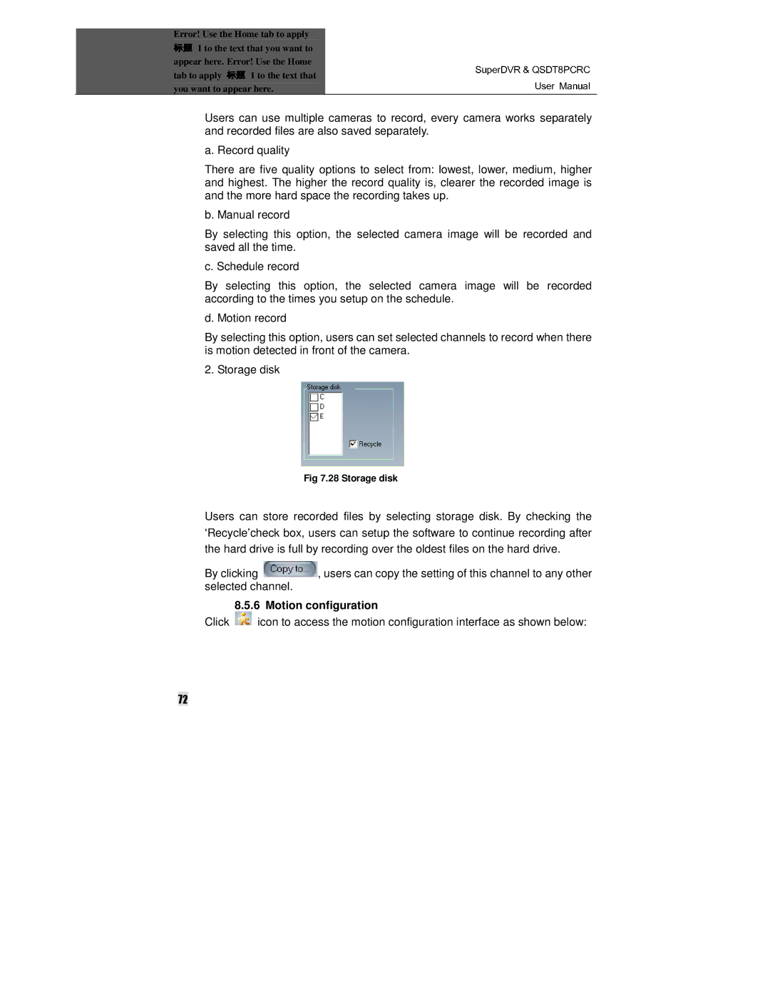 Q-See QSDT8PCRC manual Storage disk, Motion configuration 