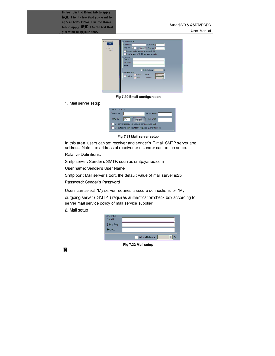 Q-See QSDT8PCRC manual Mail server setup, Mail setup 