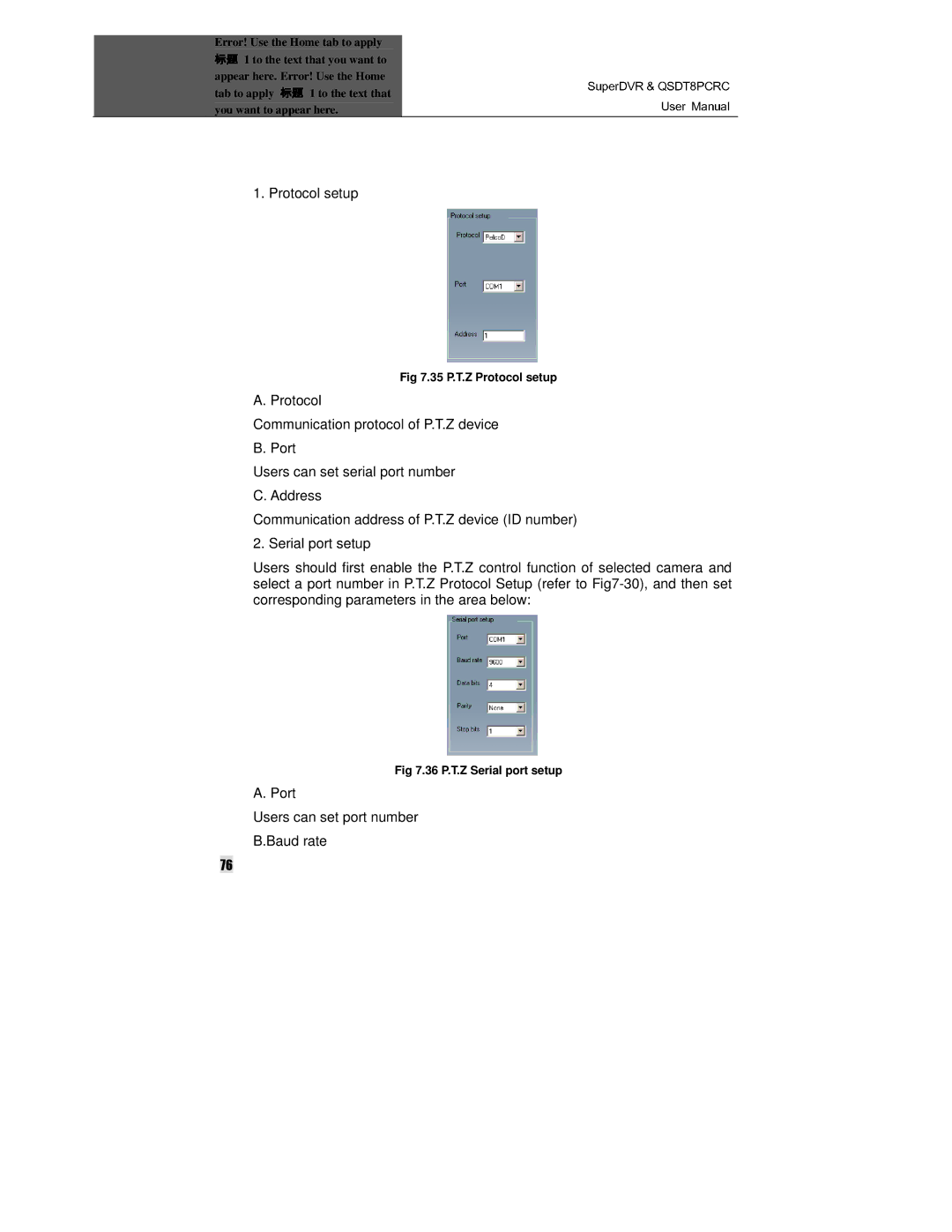 Q-See QSDT8PCRC manual Protocol setup, Port Users can set port number Baud rate 