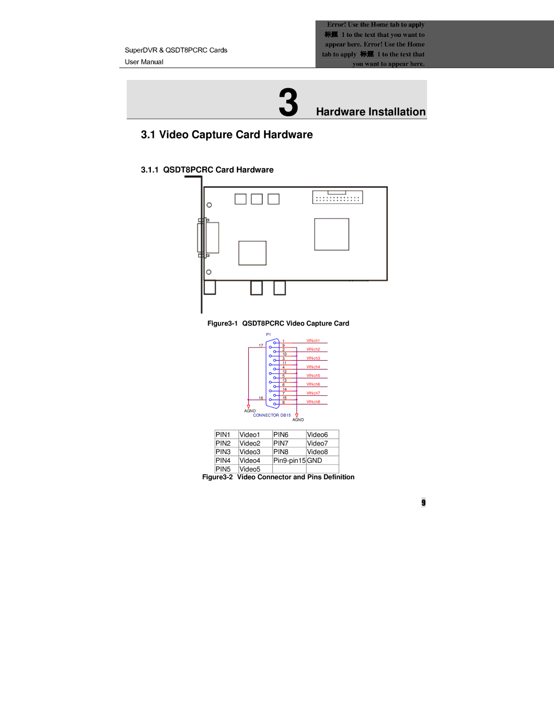 Q-See manual Hardware Installation Video Capture Card Hardware, QSDT8PCRC Video Capture Card 