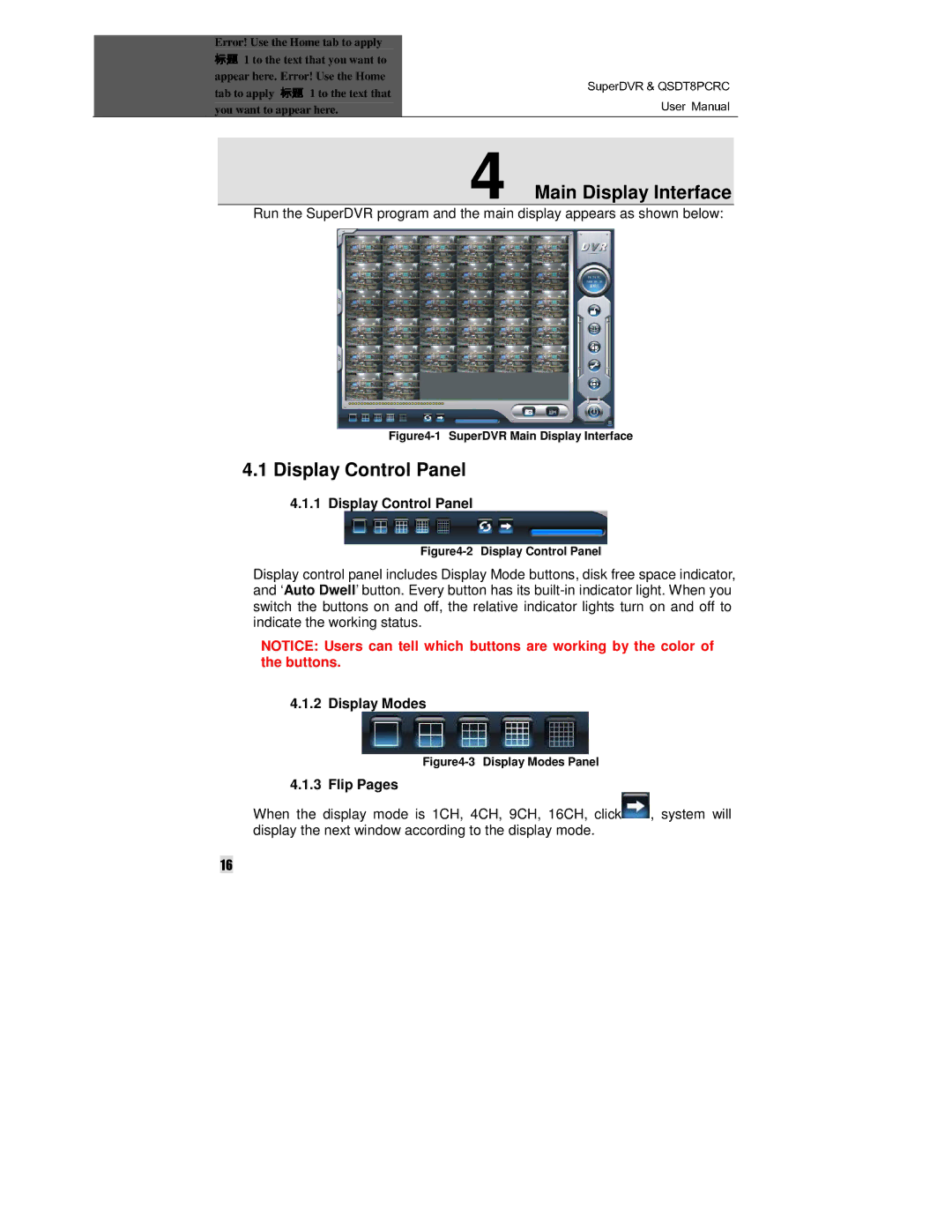 Q-See QSDT8PCRC manual Main Display Interface, Display Control Panel, Display Modes, Flip Pages 