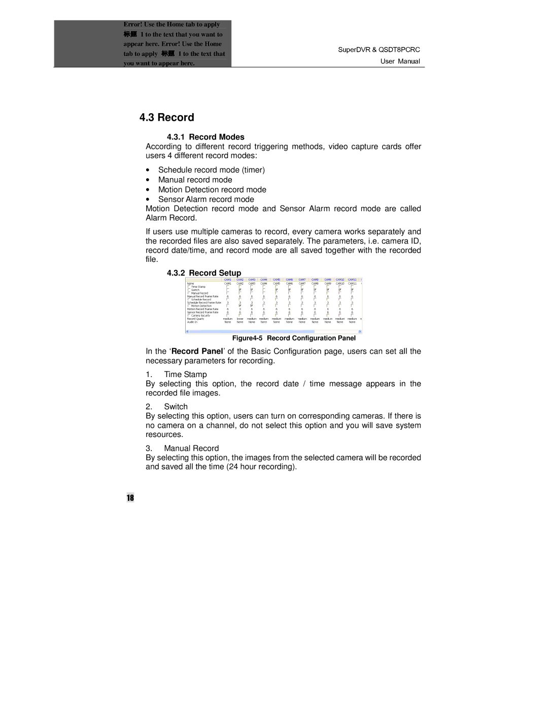 Q-See QSDT8PCRC manual Record Modes, Record Setup 