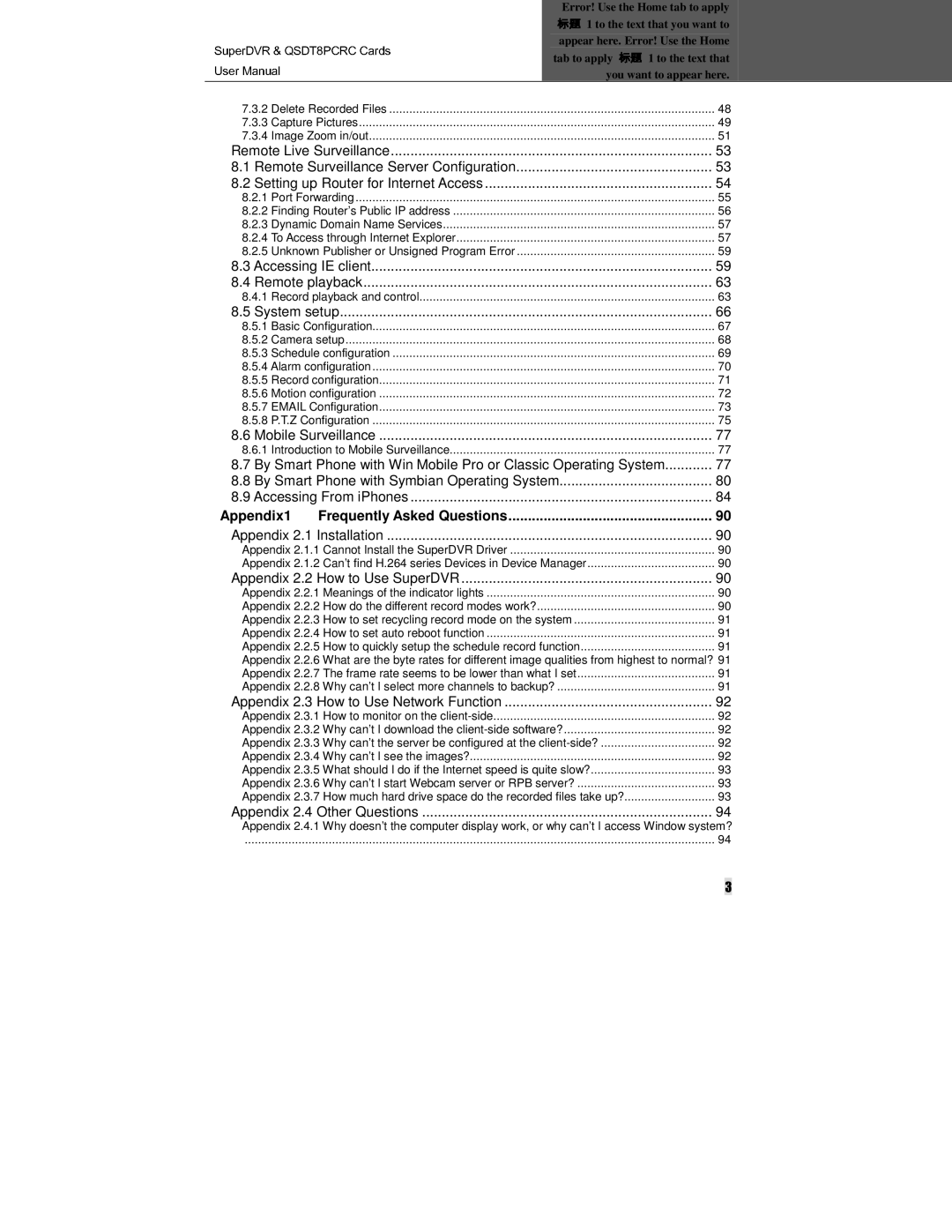 Q-See QSDT8PCRC manual Appendix1, Delete Recorded Files Capture Pictures Image Zoom in/out 