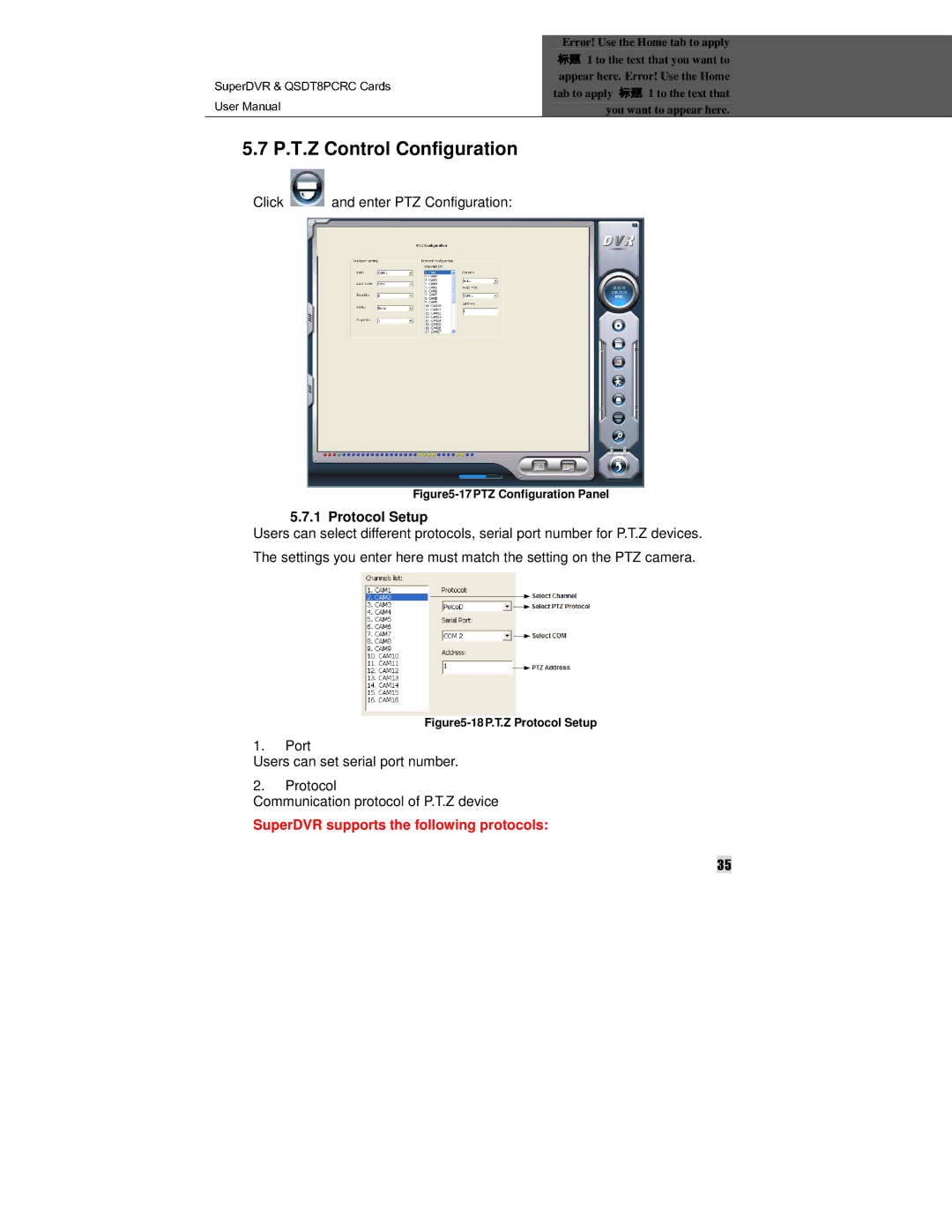 Q-See QSDT8PCRC manual P. .Z Control Configuration, Click Enter PTZ Configuration, Protocol Setup 