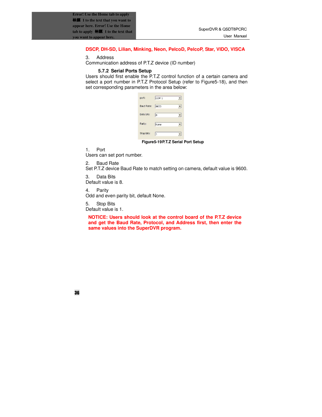 Q-See QSDT8PCRC manual Address Communication address of P.T.Z device ID number, Serial Ports Setup 