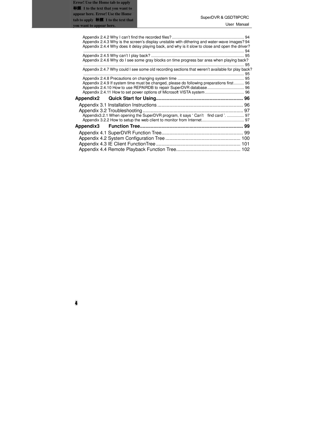 Q-See QSDT8PCRC manual Appendix2 Quick Start for Using, Appendix3 Function Tree, Appendix 4.3 IE Client FunctionTree 