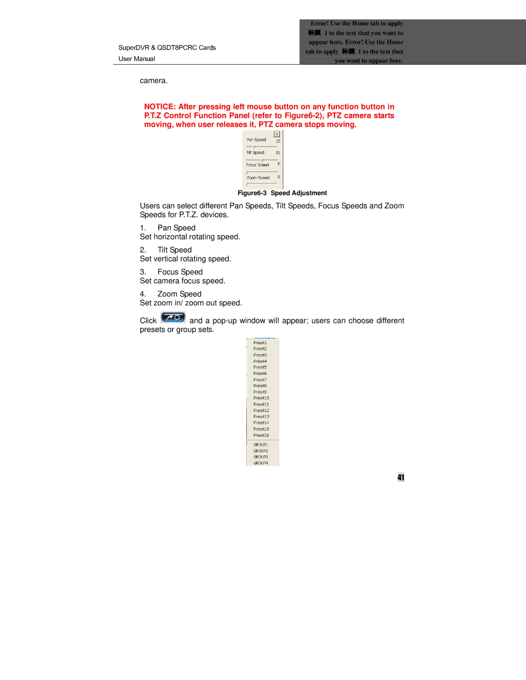 Q-See QSDT8PCRC manual Camera, Speed Adjustment 