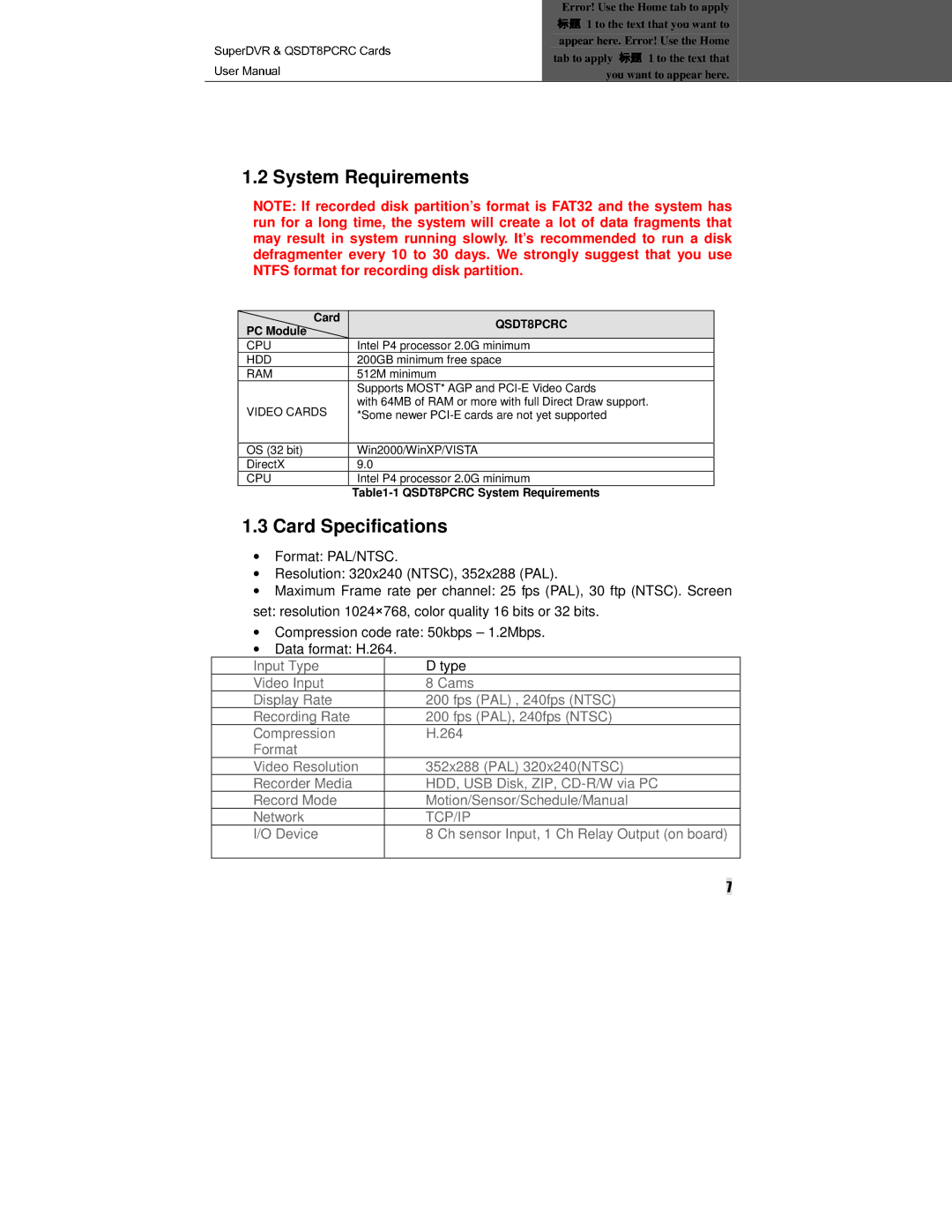 Q-See QSDT8PCRC manual System Requirements, Card Specifications 