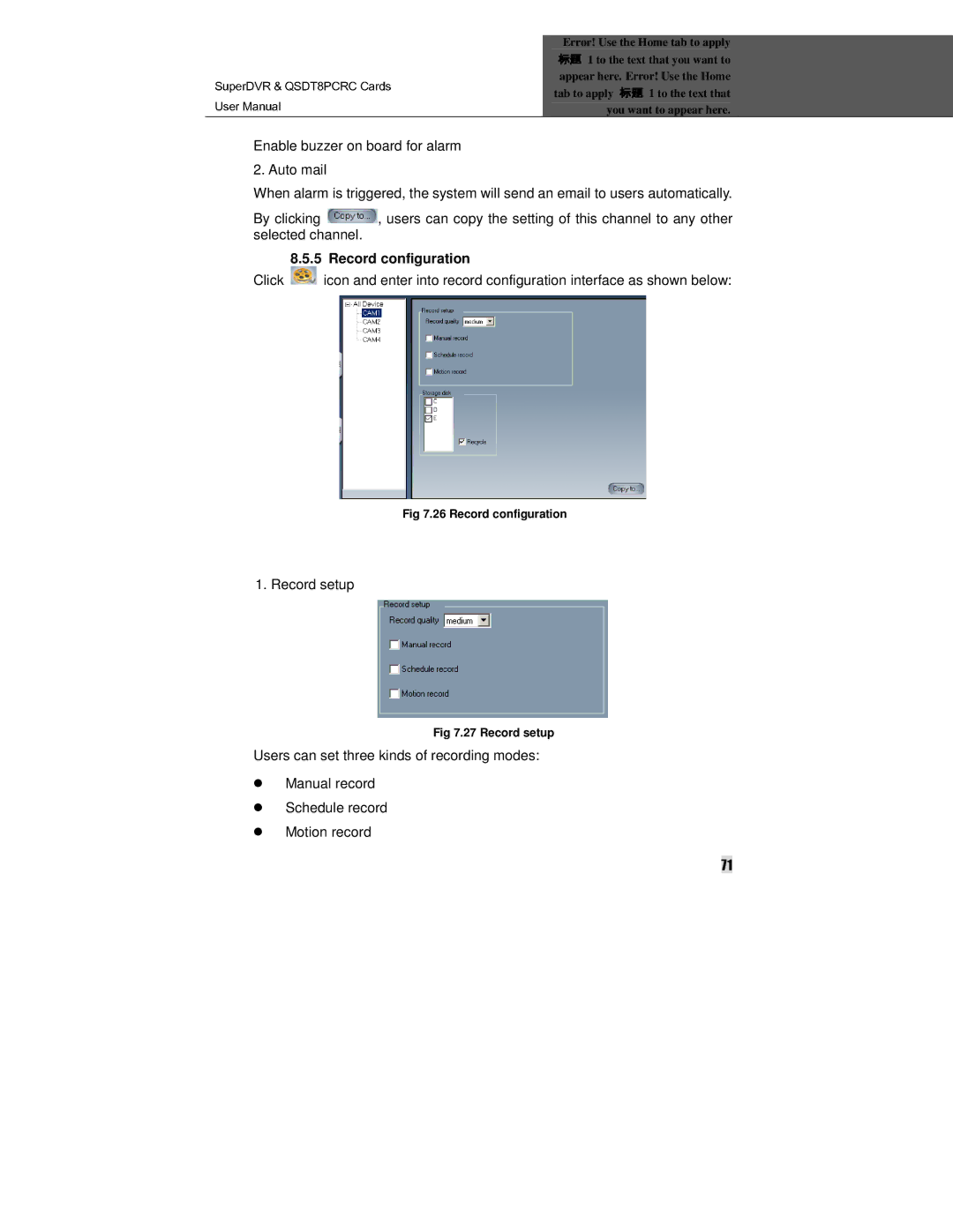 Q-See QSDT8PCRC manual Enable buzzer on board for alarm, Record configuration, Record setup 