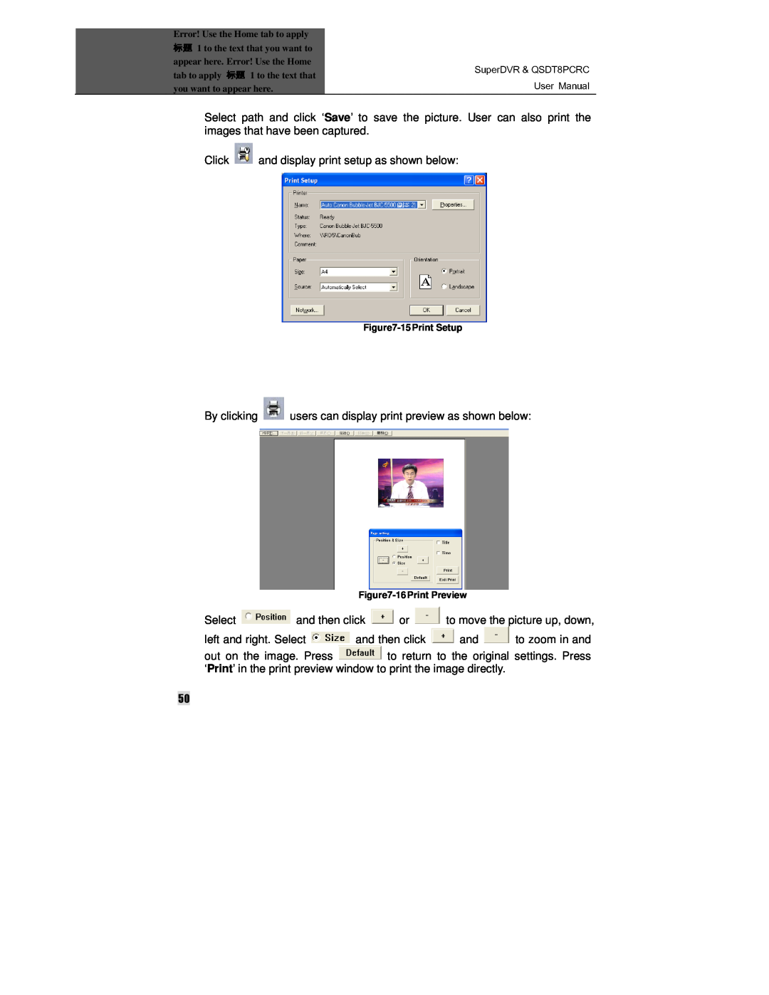 Q-See QSDT8PCRC manual User Manual, images that have been captured, and display print setup as shown below 