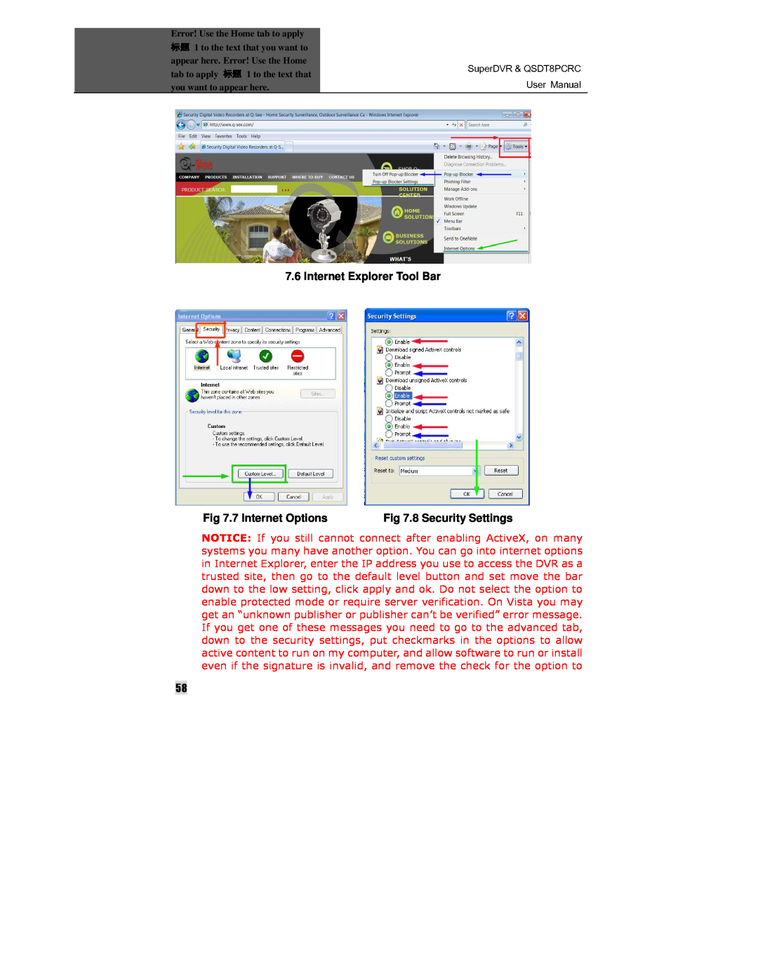 Q-See QSDT8PCRC manual Internet Explorer Tool Bar, 7 Internet Options, 8 Security Settings 